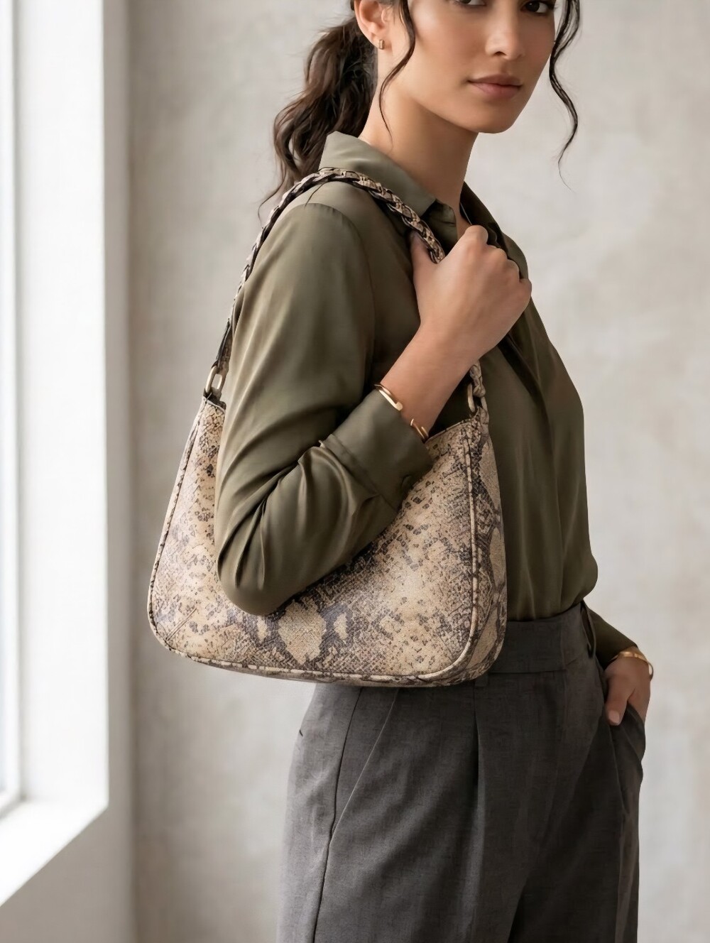 Talbots Hobo Snake-Print Shoulder Bag with Braided Straps
